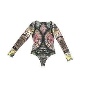 Sheer Long Sleeve Boho Geometric Tribal Bodysuit Shirt SZ SM Festival Coachella